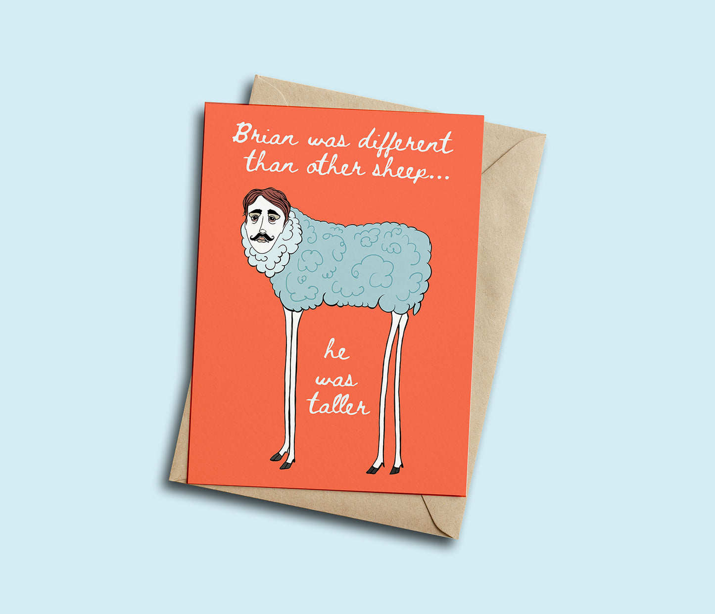 Greeting card with a cartoon sheep illustration and text on an orange background