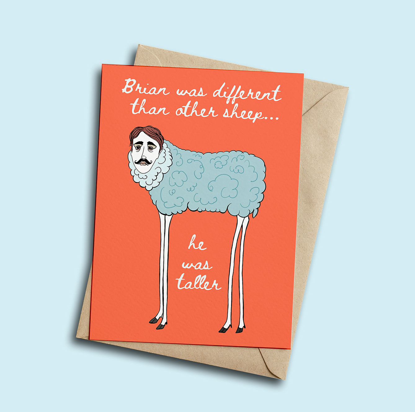 Greeting card with a cartoon sheep and text on an orange background