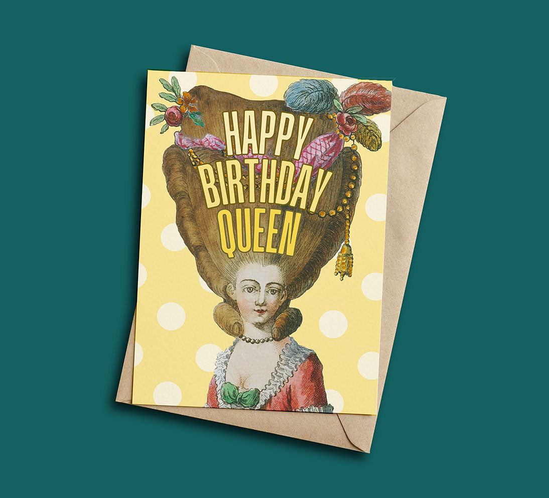 Birthday card with vintage-style illustration and 'Happy Birthday Queen' text on a polka dot background.