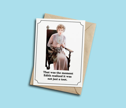 Greeting card with a vintage-style illustration of a woman and a cat, on a blue background.