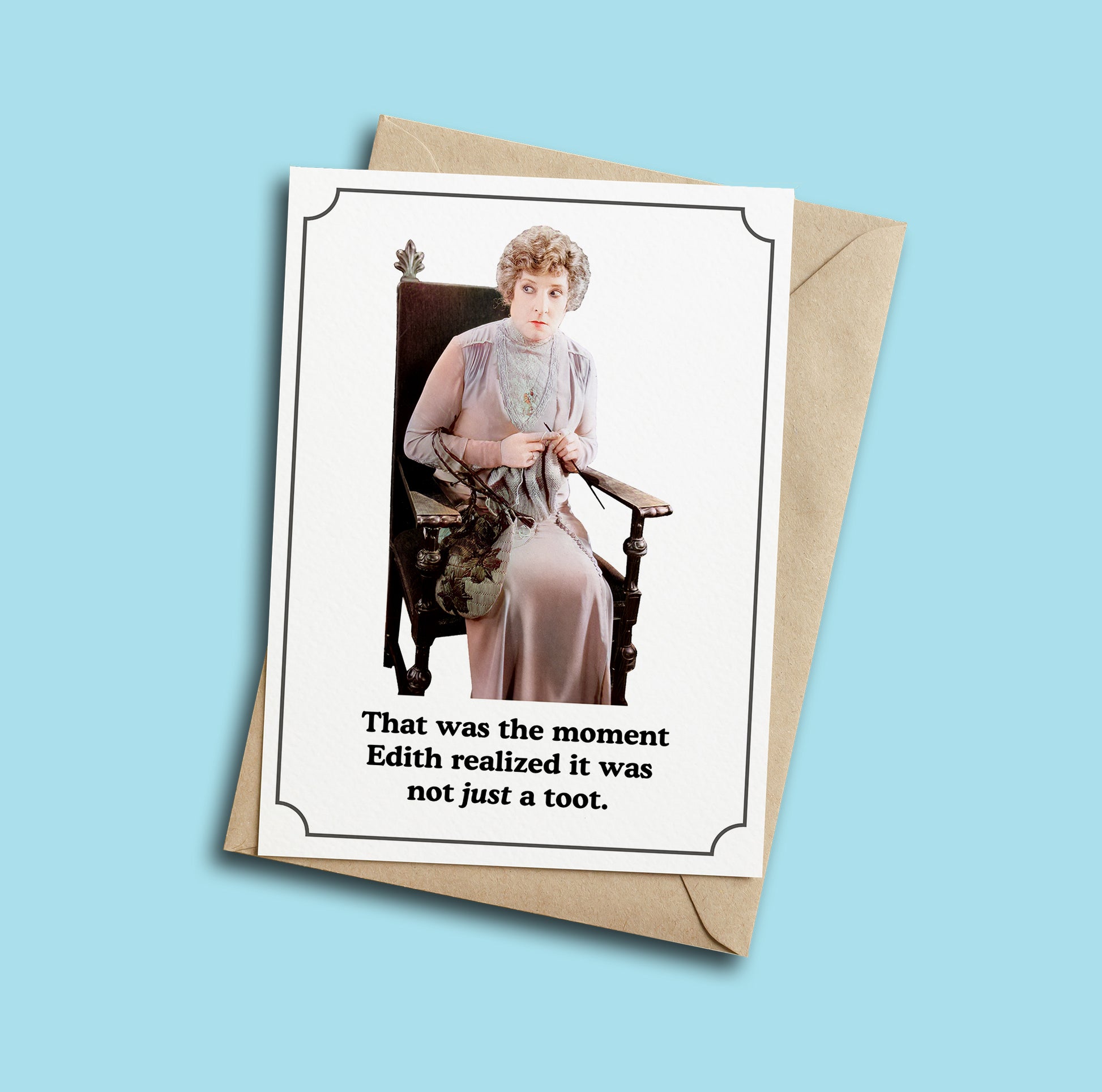 Greeting card with a vintage-style image of a woman and humorous text on a blue background